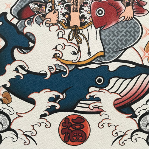 尾九 刺青画 七福神 恵比寿さま 波に桜 A4サイズ 簡易フレーム付き