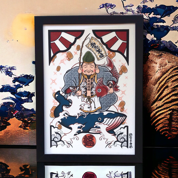 奧庫紋身畫七福神惠比壽櫻花在波浪中 A4 尺寸帶簡單框架 第1張的照片