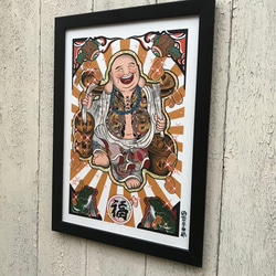 奧庫紋身畫七福神布袋大人三龍莊門來福 A4 尺寸帶簡單框架 第4張的照片