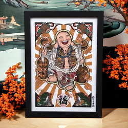 奧庫紋身畫七福神布袋大人三龍莊門來福 A4 尺寸帶簡單框架 第1張的照片