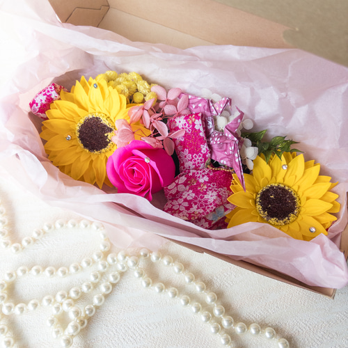 帯で華を添える☆ぱぁっと明るいひまわりと桃色華帯-ハナオビ