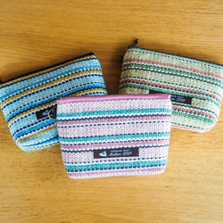 春のマルチストライプ手織り布のファスナーポーチ（3色） 1枚目の画像