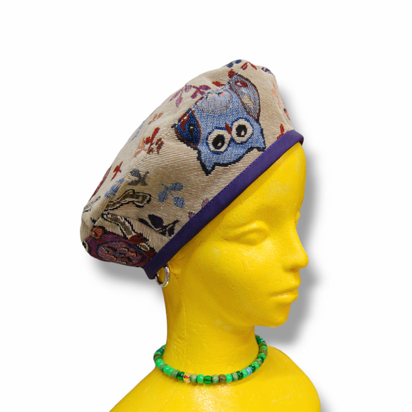 フクロウ柄　ゴブラン織り　ベレー帽 5枚目の画像