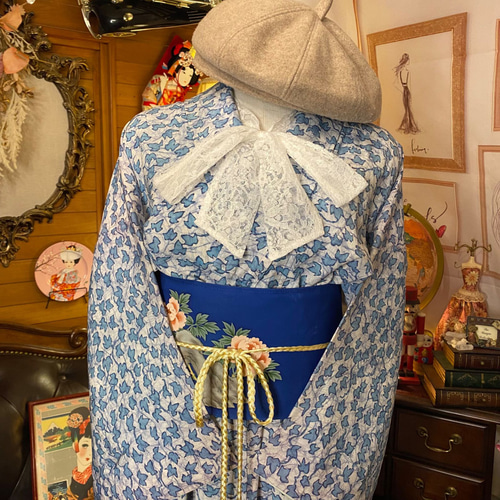 着物 洗える 化繊 ワンピース ドレス ハンドメイド リメイク 帯  