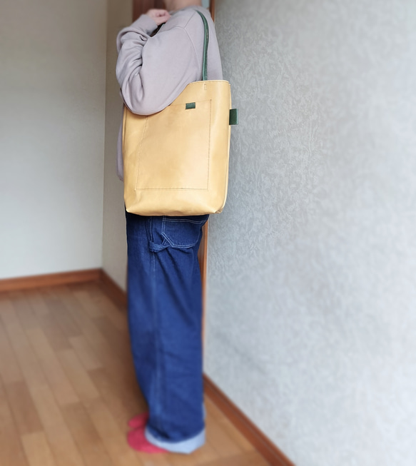 tatenaga tote　ミモザ✗グラスグリーン　ピッグスキンレザー 16枚目の画像