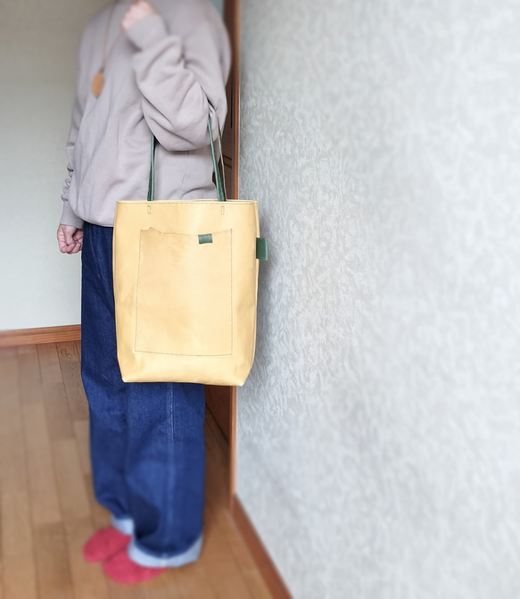 tatenaga tote　ミモザ✗グラスグリーン　ピッグスキンレザー 15枚目の画像