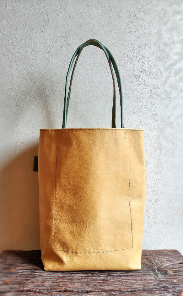 tatenaga tote　ミモザ✗グラスグリーン　ピッグスキンレザー 2枚目の画像