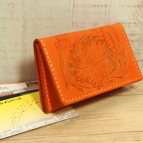 名刺入れ　カードケース　レザーカービング 革カービング「名刺カード入れ：オレンジ」 名刺入れ・カードケース