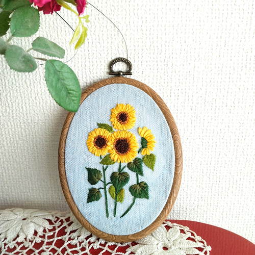 ひまわり!(古布手作り)布絵の正月タペストリー 刺繡フレーム タペストリー 夏の大輪 ひまわり その他インテリア