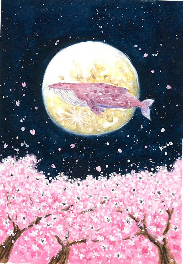 受注制作】桜色のクジラ【桜と満月】 絵画 kuro 通販 17323358 受注制作】桜色のクジラ【桜と満月】 絵画 kuro 通販 17323358