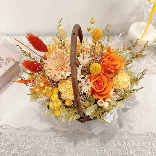 人気 ビタミンカラー オレンジ 華やかな 花籠 還暦 古希 祝 母の日