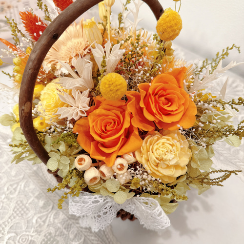 人気 ビタミンカラー オレンジ 華やかな 花籠 還暦 古希 祝 母の日