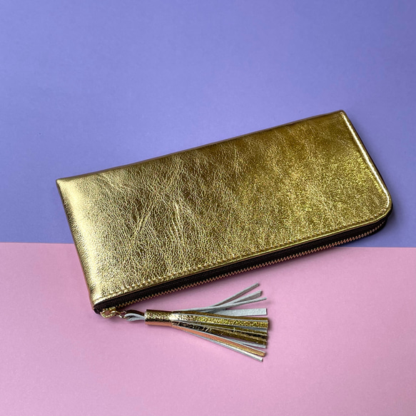 【新色・ミラーゴールド】ゴートレザーのスリムな長財布　Ｌ字型　 2枚目の画像