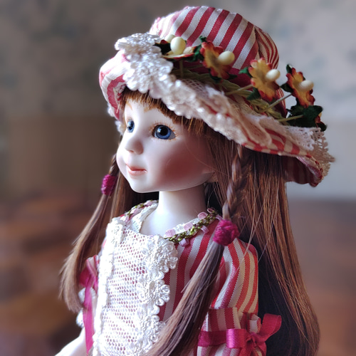 ビスクドール モダンドール 赤白のストライプ シルクワンピース 22