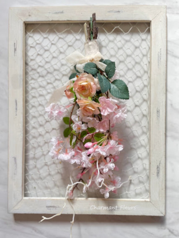 「さくらとミニバラのスワッグ」、卒業・入学・ブライダルお祝い 2枚目の画像