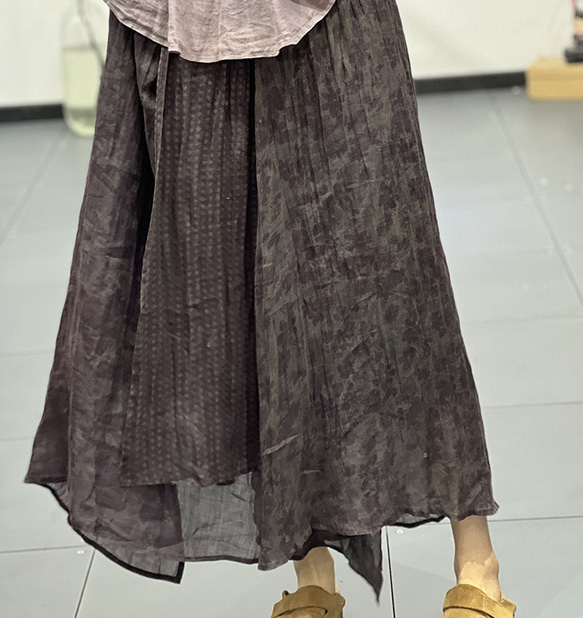 【受注】初春.リネンプリーツのミディアムスカート.薄手.2色 5枚目の画像