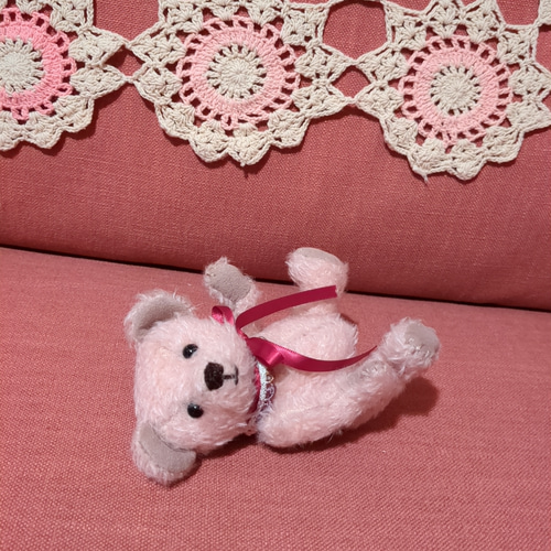 いちごオレ色の日本製モヘアのテディベア ぬいぐるみ iro-hana