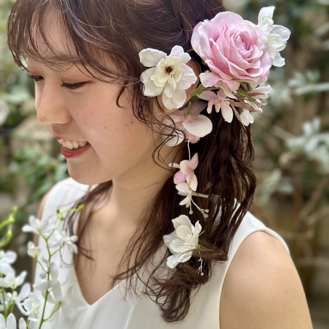 フラワーイヤーフック　ロング　ローズピンク＆蘭　ウエディング　パーティー　春　謝恩会　結婚式　ドレス　発表会　記念撮影