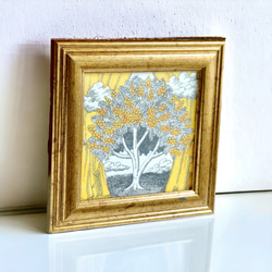 【ミニ原画】「ミモザの木」アンティーク風なペン画のインテリアアート　ミモザの花の絵画　リビングや玄関にも 3枚目の画像