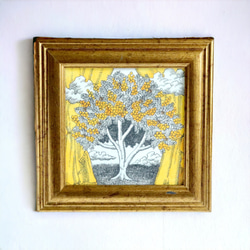 【ミニ原画】「ミモザの木」アンティーク風なペン画のインテリアアート　ミモザの花の絵画　リビングや玄関にも 1枚目の画像