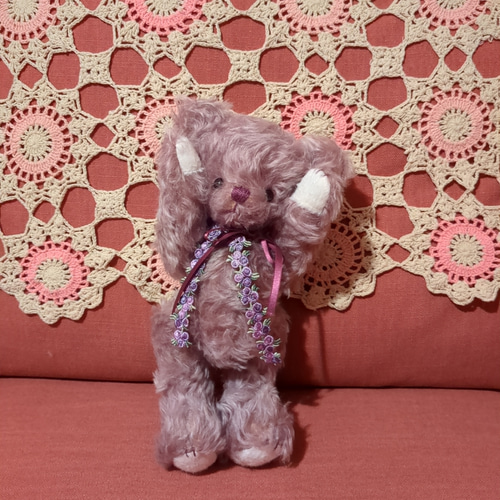 グレーパープルのジャーマンモヘアのテディベア グレーパープルのジャーマンモヘアのテディベア テディベア 紫 くま