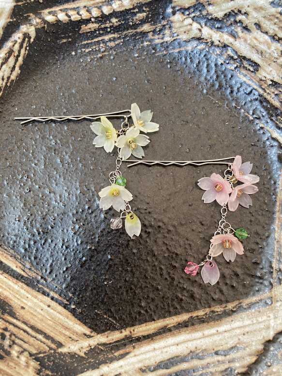 ミニかんざしみたいな 桜ヘアピン (ピンク＆白)セット ヘアピン 白兎