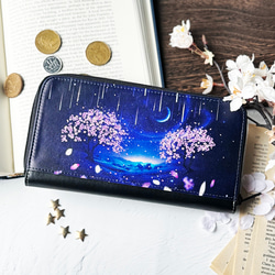 夜桜と流星群の景色 長財布 2枚目の画像