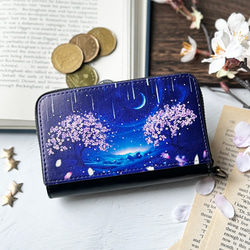 夜桜と流星群の景色 ミニ財布・コンパクト財布 キーウォレット 1枚目の画像