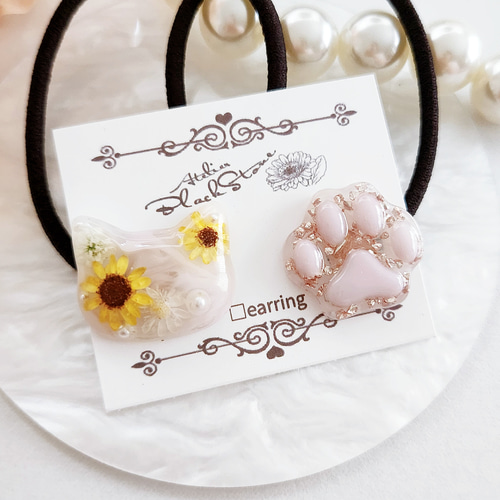 ひまわり畑猫ちゃんレジンヘアゴム ポニーフック変更可能。 ひまわり畑