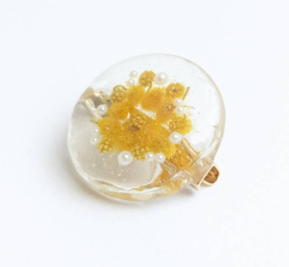 ミモザのヘアゴム/ブローチ❁つやつや ボタニカル ニュアンス 透明感 クリア ドライフラワー 本物のお花❁イエロー 1枚目の画像