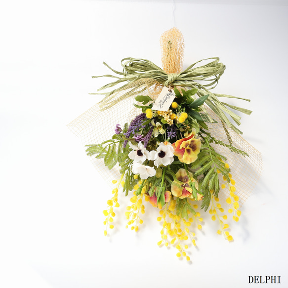 ミモザと春色小花の縦長スワッグ☆ドライフラワースワッグ