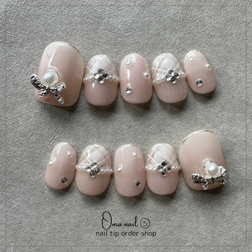 ネイルチップ　オーダー　フレンチガーリー　量産型　ハート　リボン　ピンクベージュ ネイルチップ オーダー フレンチガーリー 量産型 ハート リボン ピンク