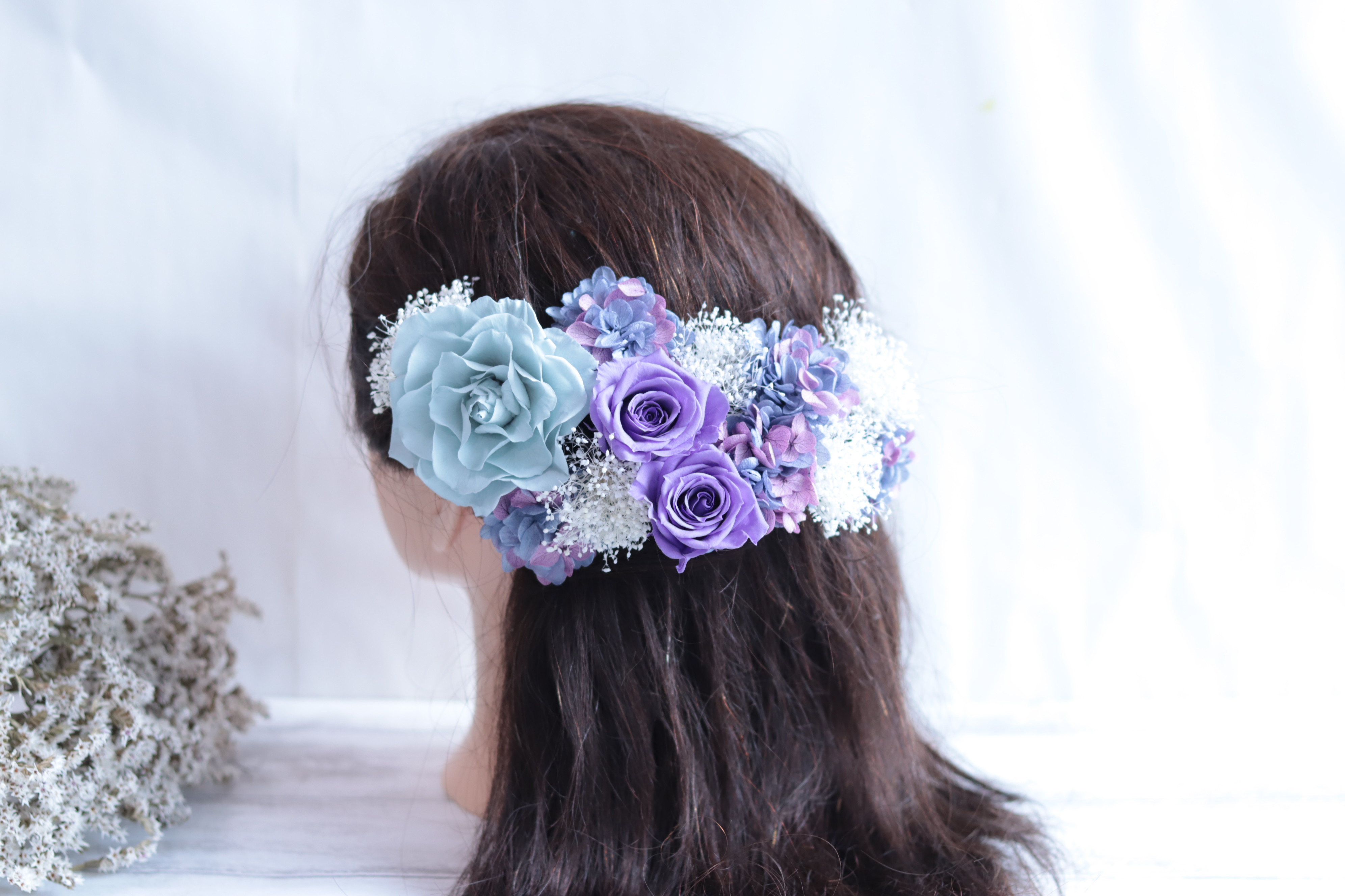 【カラーオーダーＯＫ】ミストブルー・ラベンダーのバラ&アジサイのヘッドドレス＊プリザーブドフラワー