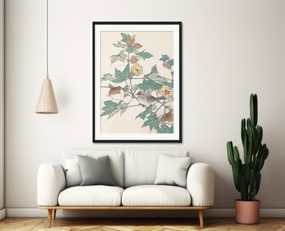 【NO.546】綿柎開の花と野鳥の日本画アートポスター☆ボタニカル和柄浮世絵和モダン大正ロマンA3A2A1B5B4B3 5枚目の画像