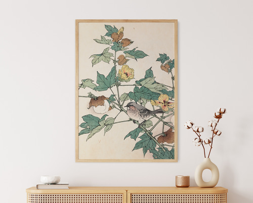【即出荷】 NO.546】綿柎開の花と野鳥の日本画アートポスター☆ボタニカル和 コレクション