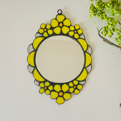 鏡 ミラー 壁掛け ステンドグラス お花 ギフト 黄色 花 フラワー