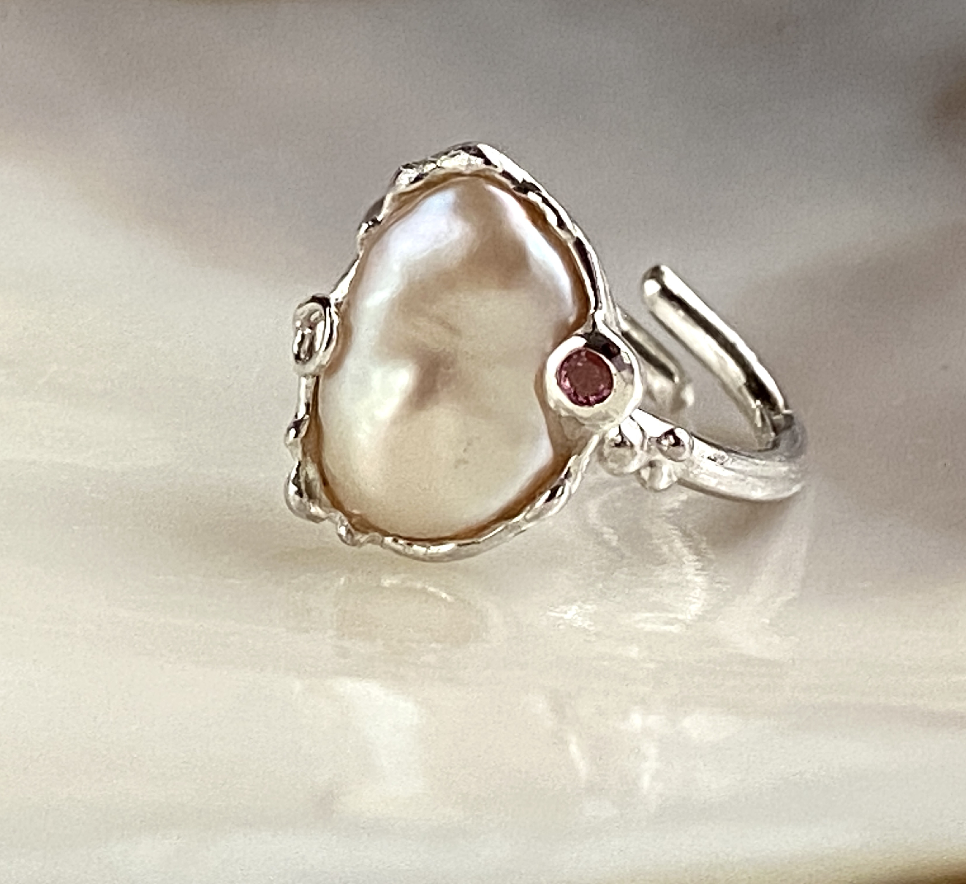 【一点物】桜のびわ湖パールリング《ピンクトルマリン》《フリーサイズ》