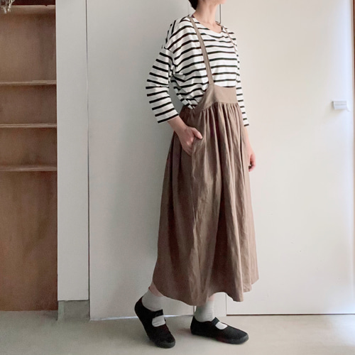 エプロンみたいなリネンのサスペンダースカート 2way カーキ 送料無料
