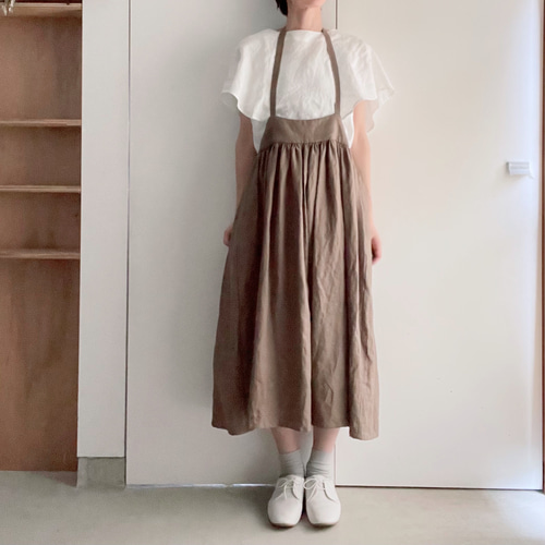 エプロンみたいなリネンのサスペンダースカート 2way カーキ 送料無料