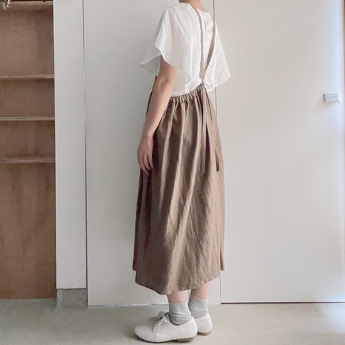 エプロンみたいなリネンのサスペンダースカート 2way カーキ 送料無料