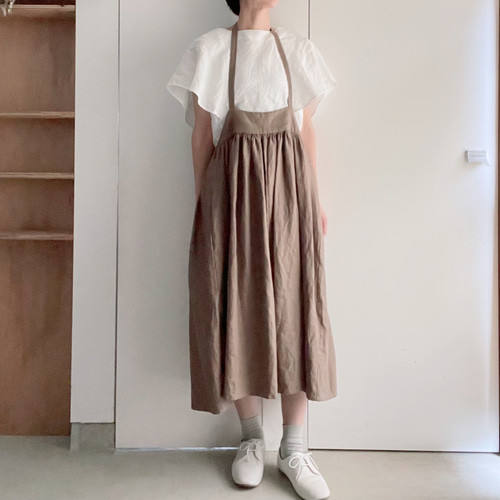エプロンみたいなリネンのサスペンダースカート 2way カーキ 送料無料