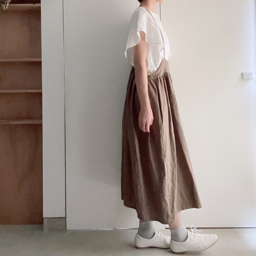 エプロンみたいなリネンのサスペンダースカート 2way カーキ 送料無料