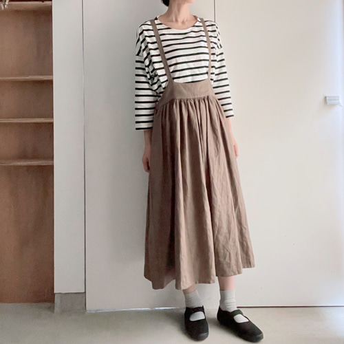 エプロンみたいなリネンのサスペンダースカート 2way カーキ 送料無料