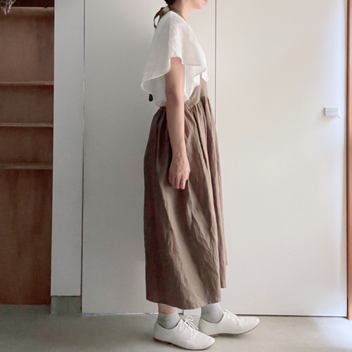 エプロンみたいなリネンのサスペンダースカート 2way カーキ 送料無料