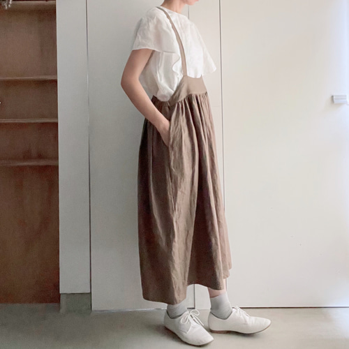 エプロンみたいなリネンのサスペンダースカート 2way カーキ 送料無料