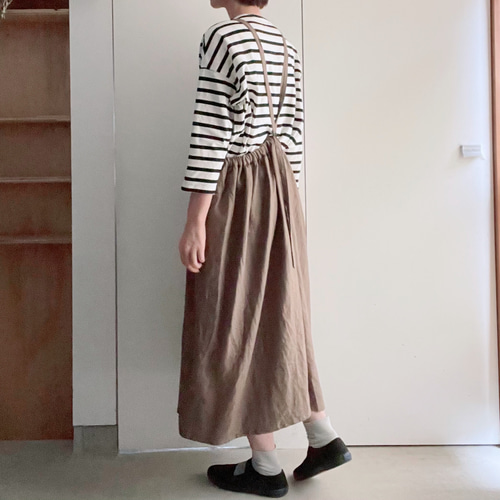 エプロンみたいなリネンのサスペンダースカート 2way カーキ 送料無料