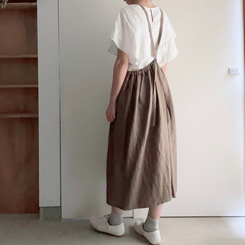 エプロンみたいなリネンのサスペンダースカート 2way カーキ 送料無料