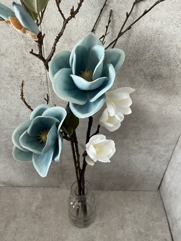 ３本セット　造花　木蓮　マグノリア　くすみブルー　アーティフィシャルフラワー 2枚目の画像