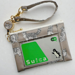 ラスト1点☆リバティC&S「ミャオウ」（ソイラテ）パスケース＆リールストラップ☆ラミネート☆PVC☆12㎝ファスナー 2枚目の画像