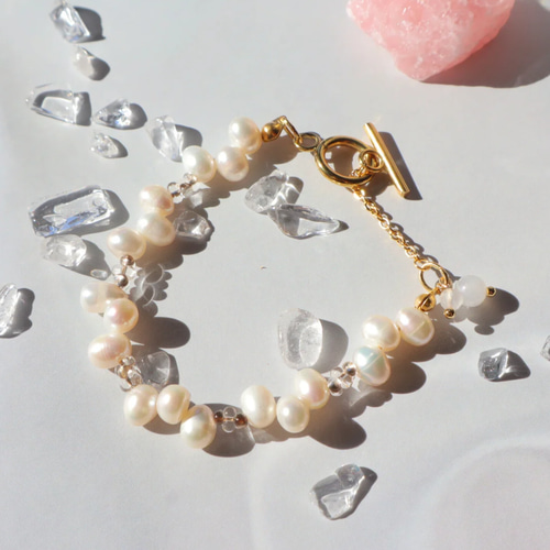 淡水パール×ムーンストーンマンテルブレスレット 6月 蟹座 天然石 真珠